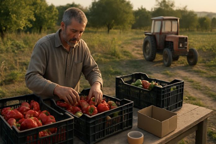 Земјоделец сортира свежи пиперки за различни канали на продажба