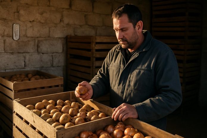 skladiranje-kompir-i-kromid-sprecuvanje-gierenje-rtenje-gubenje-tezina Земјоделец проверува одделно складирани компири и кромид во проветрен магацин