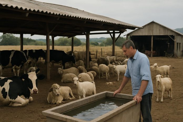 Топлотен стрес кај крави, овци и кози: вода, сенка и хранење во жешки денови Крави, овци и кози одмораат во сенка покрај чисти поилки