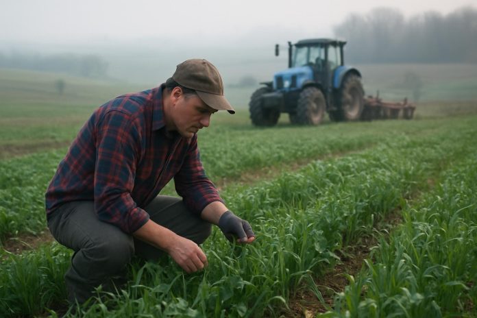 Зелено ѓубрење по жетвата: кои покривни култури ја чуваат почвата до пролет Земјоделец проверува густа покривна култура на нива по жетвата