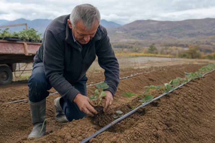 esensko-sadenje-jagodi-sadnici-dlabocina-leja Правилно садење јагода во подигната леја со капково наводнување