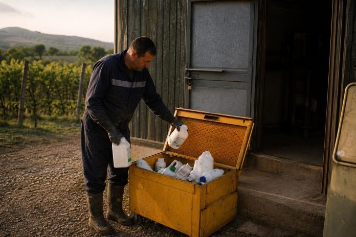 prazna-ambalazha-od-pesticidi-bezbedno-sobiranje-skladiranje-predavanj Земјоделец одделно складира исплакната амбалажа од пестициди