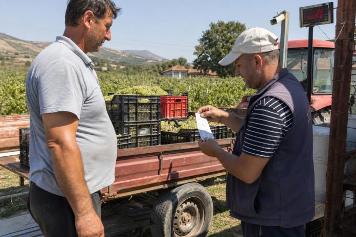 Приемница за грозје под лупа: како да ги докажете количината, шеќерноста и квалитетот Лозар проверува вагарски лист покрај приколка со грозје на откупен пункт
