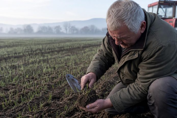 zemjodelie-featured-19071 Земјоделец проверува корен и семе кај свежо никната пченица