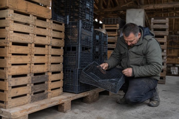 Есенска контрола на амбалажата: како гајбите и палетите да не го расипат родот Земјоделец проверува чисти гајби и стабилна палета во есенски магацин.